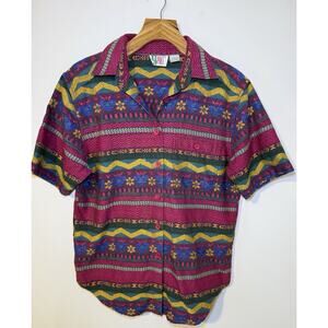 Vintage 90s Bold Spirit Technicolor Southwestern Rodeo Button Up Shirt M Floral